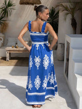 Blue Printed Tribal Shirred Vacation Dress
